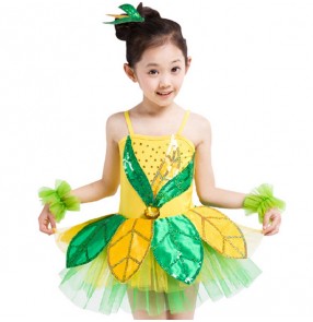 Yellow Green leaves sequins patchwork leaves girls kids children performance jazz modern dance cosplay party dj ds school play singer dancing costumes outfits dresses